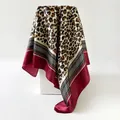 Elegant leopard print imitation silk large square scarf with a rich burgundy border accent - D9448-wine Red / 90x90cm
