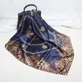 Elegant navy blue leopard print satin silk-like square scarf 90x90cm for women - D9189-sapphire Blue / 90x90cm