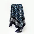 Blue and black leopard print satin square scarf with an elegant ornamental paisley border - D9360-blue / 90x90cm