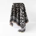 Leopard print imitation silk square scarf with ornamental paisley border design - D9360-khaki / 90x90cm
