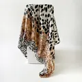 Leopard print satin silk square scarf 90x90cm draped gracefully on a white base - D9447-light Brown / 90x90cm
