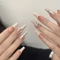 High-end handmade press-on nails with 3D bows, rhinestones and elegant nude gradient. - By1384 Snowflake Jade Knot / Handmade Size M#10 Pieces/Bag