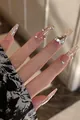 Handmade nude cat-eye press-on nails with 3D heart diamond and pearl decor - By1202 Golden Flower Jade Dew / Full Size Finish Strip 30 Pcs/Sheet