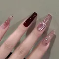 Premium handmade cat-eye press-on nails featuring burgundy finish and rhinestone bow details - By1927 Purple Jade Ribbon / Handmade Size M#10 Pieces/Bag