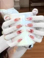 Handmade cat eye press-on nails featuring elegant cherry patterns and red bow decorations - By2398 Golden Cherry / Handmade Size M#10 Pieces/Bag
