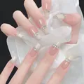 Handmade nude press-on nails with silver rhinestone accents, square shape, 30 pieces set - By1724 Star Diamond Replacement / Press-on Nails#30 Pieces/Box