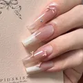 Pink French press-on nails with 3D bows and rhinestones for elegant manicures - By2335 Is Cool And Pleasant. / Handmade Size M#10 Pieces/Bag