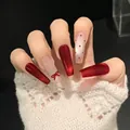 Elegant long coffin red cat-eye handmade press-on nails with bow and dot details 30pcs - By2546鹓动鸾飞 / Handmade Size M#10 Pieces/Bag