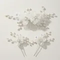 Handmade white fabric flower bridal hair comb and U-shaped pins set with pearls and rhinestones - Hair Combs and Hairpins Combination / Silver