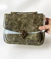 Vintage distressed green PU leather square handbag with a classic retro bronze lock buckle - Green