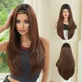 Long layered brown straight wig with headband, natural-looking synthetic hair for women - Shapu Brown (top Dye) _ 74cm