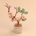 Handmade pink crochet flower bonsai desk ornament with knit flower pot decor - Apricot Blossom Style (Lace Trim Pot) / Pink