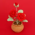Handmade red crochet rose potted plant for charming desktop decoration and gifts - Double-Head Rose (Large Yarn Pot) / Red