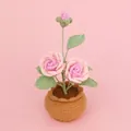 Detailed handmade crochet pink rose potted plant featuring a brown woven base - Double-Head Rose (Large Yarn Pot) / Gradient Pink