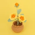 Handmade crochet rose potted plant featuring two large yellow roses and one small orange bud - Double-Head Rose (Large Yarn Pot) / Gradient Yellow
