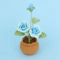 Elegant hand-crocheted blue rose potted plant with brown woven pot for desktop decor - Double-Head Rose (Large Yarn Pot) / Gradient Blue