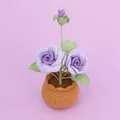 Handmade purple crochet rose potted plant with green leaves for desktop home decoration - Double-Head Rose (Large Yarn Pot) / Gradient Purple