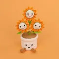 Handmade crochet sunflower potted plant with cute smiling faces in a white pot decor - 3-Head Orange Smiling Sunflower Potted (Cylindrical Pot with Legs)
