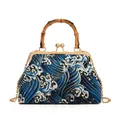 Elegante Handtasche im chinesischen Stil mit Bambusgriff und blauem Wellenmuster-Stickerei - Dunkelblau