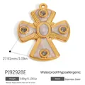 Vintage style gold stainless steel cross pendant with pink enamel and gray rhinestone detail - White Texture Cross (PJ92928E)
