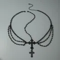 Exotic black multi-layered head chain with gothic cross pendants in elegant matte finish - 30786-hea-cha-blk-EP