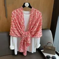 Elegant red cotton linen scarf with shimmering gold leaf patterns for summer sun protection - Asparagus Fern With Gold Foil Stamping - Red / 180*70cm