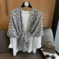 Elegant cotton linen scarf with gold leaf foil pattern for outdoor sun protection - Asparagus Fern With Gold Foil Stamping - Black / 180*70cm