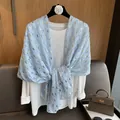 Elegant light blue cotton linen scarf featuring a shimmering gold leaf pattern for sun protection - Asparagus Fern With Gold Foil Stamping - Sky Blue / 180*70cm