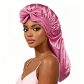 Long-tail satin sleep bonnet in pink with a large bow for luxury hair protection - Dusty Rose