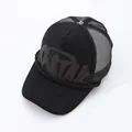 Detail of black American street style trucker hat with mesh and printed letters - Black Gray Logo / Adjustable
