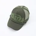 Detail view of olive green trucker hat with graffiti print and rope trim - Green / Adjustable