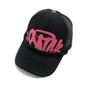 Streetwear black trucker hat featuring pink graffiti print and breathable mesh back - Black With Rose Red Stars / Adjustable