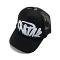 Stylish black mesh trucker hat featuring a bold white graffiti letter print design - Black/White Icon / Adjustable