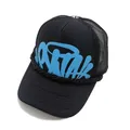 Black trucker hat with blue graffiti print and decorative rope accent - Black With Blue Label / Adjustable