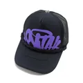 Stylish black trucker hat featuring purple graffiti print and decorative rope detail - Black Purple Label / Adjustable