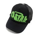 Black American fashion trucker hat with neon green graffiti print and mesh design - Black Hat With Green Label / Adjustable