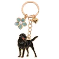 Elegant Golden Retriever dog enamel keychain with blue flower and gold heart charms - Turning Garden Black Dog With Flower