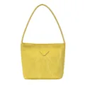 Élégant sac à main jaune à texture froissée avec un logo triangulaire signature - Jaune