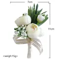 Elegant white artificial tea bud boutonniere with gold striped ribbon for wedding groom - Light Champagne