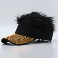 Lustiges Hip-Hop-Visier mit schwarzer Kunsthaarperücke und goldenem Strass-Schirm - Verstellbar / Gold Strass / Schwarze Perücke