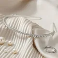 Elegant silver rhinestone headband and matching crystal ring on pleated silk fabric with pearls - Silver Rhinestone Headband