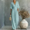 Dettaglio tuta azzurra elegante con scollo a V e vita alta a gamba larga per donna - 3XL / Top E Pantaloni / Blu-Verde