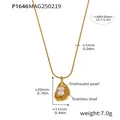 Detailed view of gold plated stainless steel necklace with freshwater pearl and size info - Water Drop Pendant (P1646) / 40+5cm / Gold