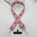 Pink ethnic jacquard adjustable wide bag strap with gold buckle and phone tether tab - Rose Pink With Beige Base / Silver Hook