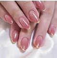 Elegant oval press-on nails featuring a nude pink base and sparkling gold glitter French tips - A02 Gold / With Jelly Glue and Nail File