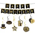 Vista detallada del cartel de Happy New Year 2027 y el juego de remolinos colgantes negros y dorados - Juego de 2 piezas de pancarta y espirales de Año Nuevo 2027