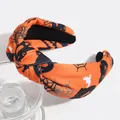 Serre-tête d'Halloween noué large en tissu orange avec motifs de toile d'araignée et fantôme - Orange Toile d'Araignée