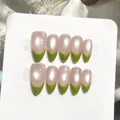Elegant mint green French cat-eye press-on nails with a soft pearlescent finish for summer - XS / Almond Shape(1687)