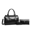 Elegant retro black Boston 3-piece handbag set with adjustable shoulder strap and clutch - 3-Piece Bag Set / Black