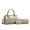 Vintage sage green oil skin women's 3-piece Boston bag set with crossbody strap detail - 3-Piece Bag Set / Khaki
